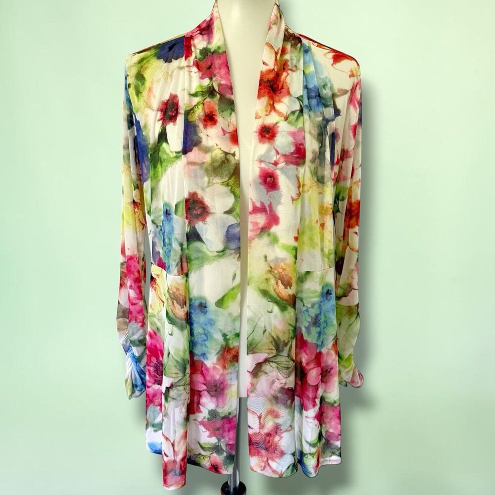 Susan Graver Women Multicolor Floral Open Front Mesh Cardigan Sz SP Small Petite